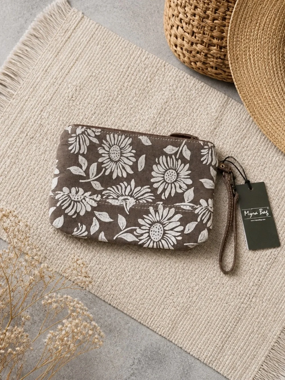 Myra Bag Brown & White Floral Canvas Wristlet